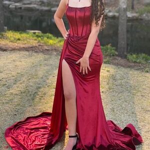Red Velvet Corset Prom Dress